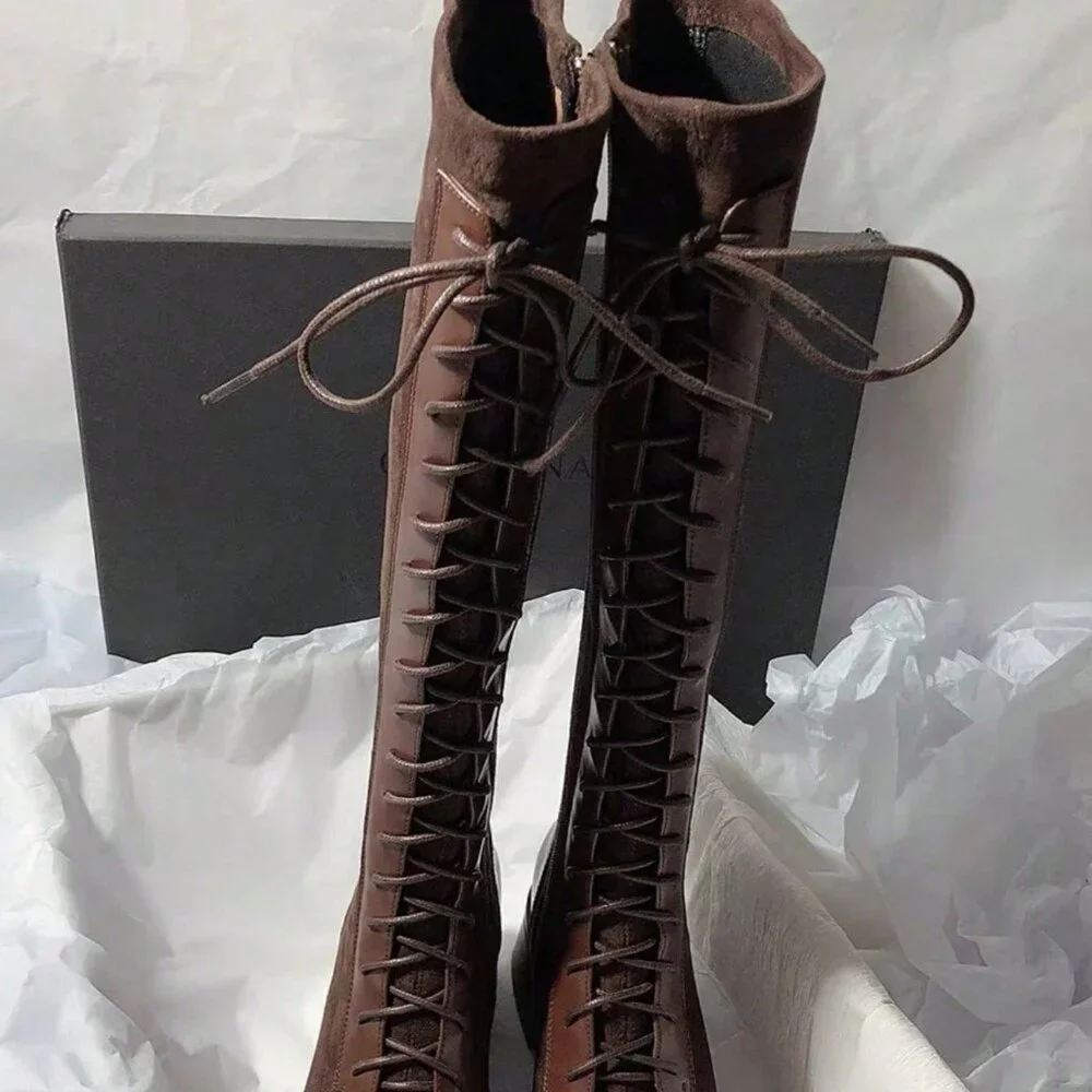 Brown Elegant Women's Thigh High Lace-Up Square Toe Chunky Heel Boots - Picture 3 of 4